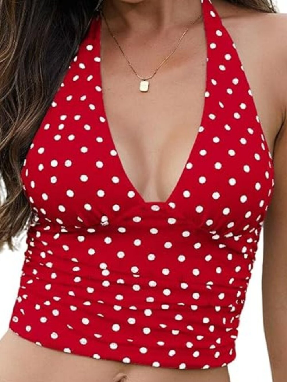 Women Sexy Polka Dot Halter Crop Top – Deep V‑Neck, Open Back, Adjustable Tie -L